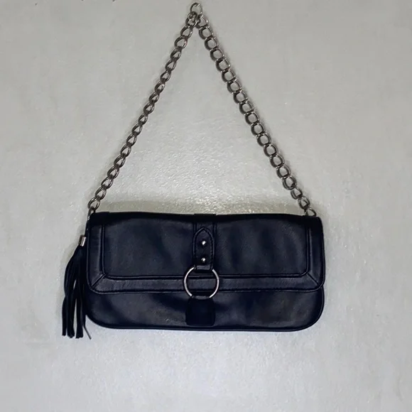 Express Black Genuine Leather Chain Tassel Shoulder Purse - Picture 1 of 15